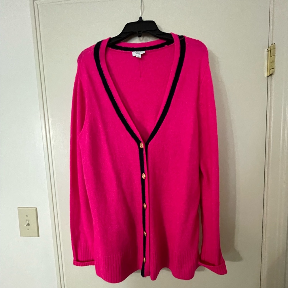 Hot pink with navy trim cardigan.